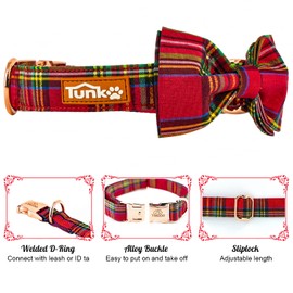 Tunkoo Dog Collar Christmas Plaid with Elegant Bow Tie Soft Comfy Cotton Adjustable Collar, Premium Metal Buckle for Puppy and Cat Small Medium Large（Red Plaid，S）