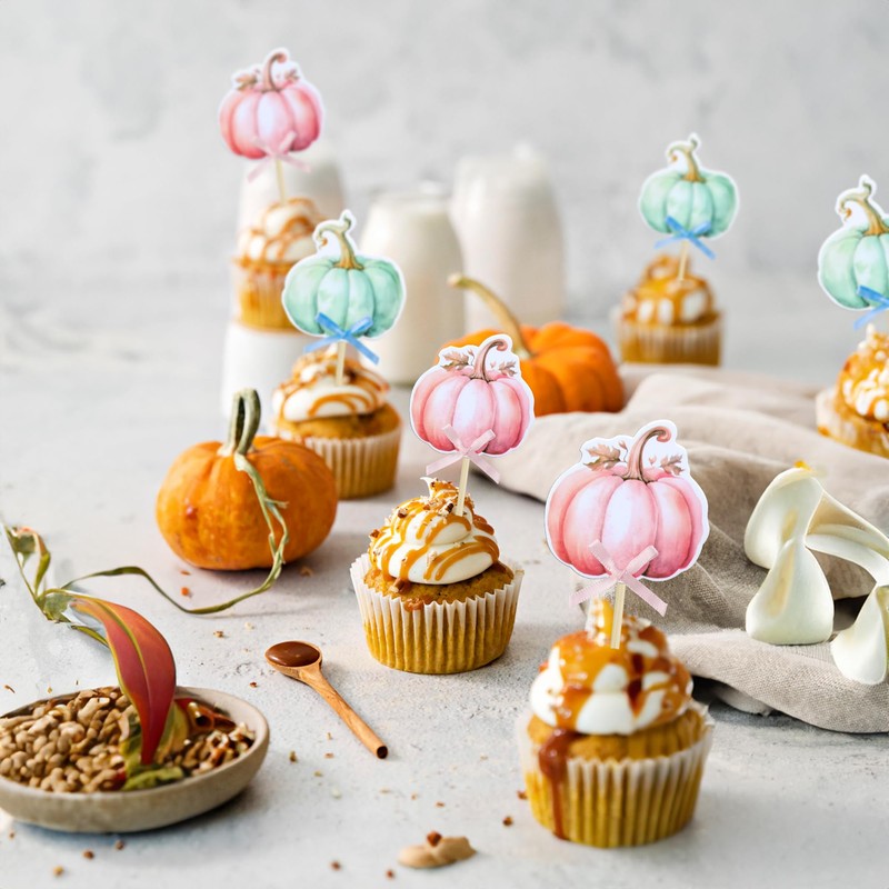 Ephlyn 36Pcs Pumpkin Gender Reveal Cupcake Toppers with Bow Little