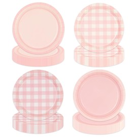 EVYIENEN Einweg-Pappteller, kariert, kariert, für Picknick, Hochzeit, Geburtstag, Camping, Party, 17,8 cm, 48 Stück, Rosa