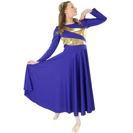 Danzcue Girls Metallic Worship Dance Dress, Metallic Bicolor Full Length Praise Dance Dress, Deep Purple-Gold, 8-10