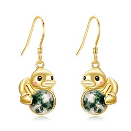 DAYLINLOVE Duck Earrings 925 Sterling Silver Moss Agate Rubber Ducks Dangle Drop Earrings Moss Agate Animal Jewellery Gifts for Women Girls Duck Lover
