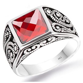 Solid 925 Sterling Silver Turkish Filigree Design Ring with Square Faceted Cut Simulated Red Ruby Stone Men's Band Ring, 13, Metal, Cubic Zirconia