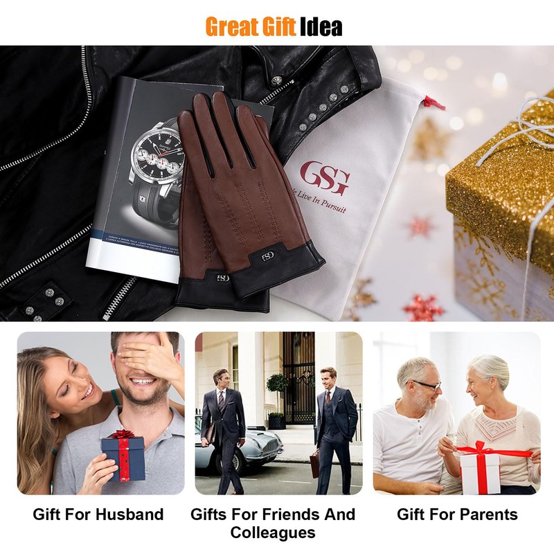 GSG SINCE 1998 Mens Genuine Leather Gloves Cashmere Lined Touchscreen