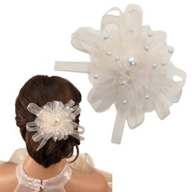 Kenjudess Mesh Tulle Pearl Flower Bow Hair Clips with Beaded Crystal Chiffon Bow Hair Barrettes Hair Pins Feather Bridal Wedding Hair Accessories for Women (White Flower+Pearl)