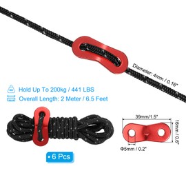 PATIKIL 4mm Tent Rope, 6 Pack 6.5ft Reflective Guyline Cord Tied Downs Rope Paracord Cord Camping Ropes with Red Aluminum Cord Adjusters for Camping Hiking Tent, Black