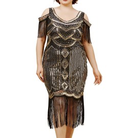 868 - Plus Size 1920s Vintage Fringed Sequin Beads Cold Shoulder Tassels Flapper Party Cocktail Dress (Black Gold, 1X)