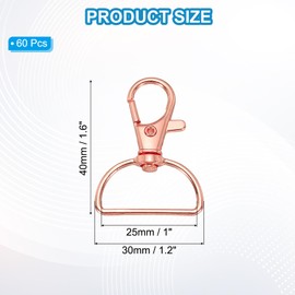 PATIKIL 1 Inch 25 mm Swivel Lobster Clasp, 60 Pcs Metal Swivel Clasp Hooks Trigger Snap Clips Lanyard Claw Clasps with D Ring for Key Chain Making DIY Crafts Purse Hardware, Rose Gold