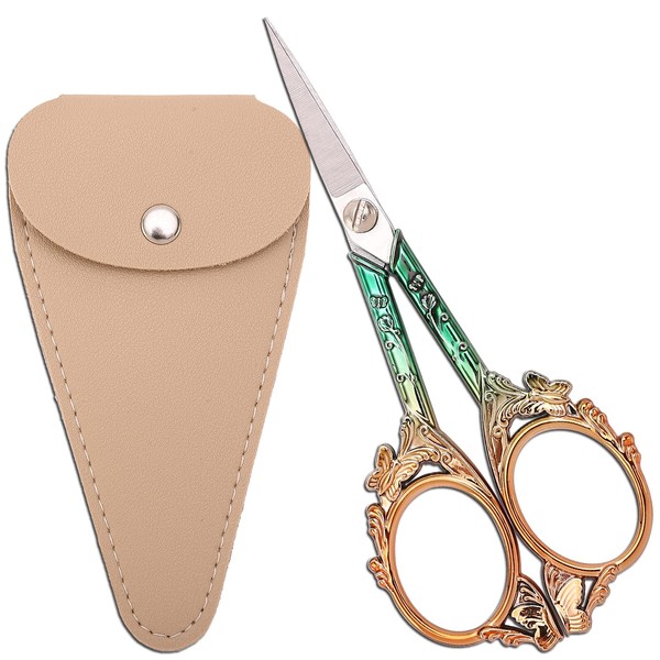 HITOPTY Embroidery Scissors Sewing Scissors Sharp Crafting Threading Scissor with Sheath for Needlework Artwork Manual Handicraft DIY Tool, 4.7in Gold Green Butterfly Shears