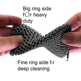 ERGONOW Cast Iron Chainmail Scrubber - Fine Ring - 316 Stainless Steel Skillet Cleaner - Built-in Silicone with Welded Rings - for Cookware, Cast Iron Pots, BBQ and Plates (Standard 2 in 1)