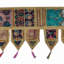ICC valances for Windows Toran Cotton Vintage Patchwork Door Hanging Valance Window Hand Embroidered Bohemian Decor Living Room Wall Bedroom Home Handmade Decorations Camel Brown 42 Inches