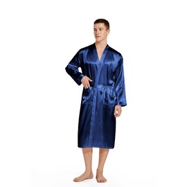 Elountik Men V Neck Satin Robe Kimono Long Bathrobe Lightweight Sleepwear Wedding Blue
