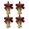 4 Pack Christmas Bow Ornaments with Jingle Bells, Pine Cone