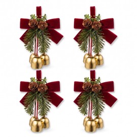 4 Pack Christmas Bow Ornaments with Jingle Bells, Pine Cone Hanging Decor