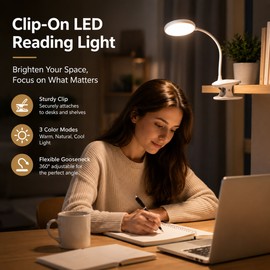 Clip-On LED Reading Light for Dorm Room & Bedside – 3 Color Modes, 9 Brightness Levels, Flexible Gooseneck Desk Lamp with Strong Clamp