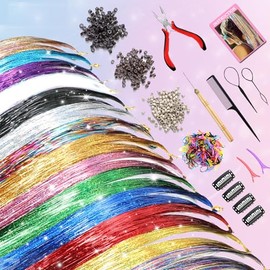 Kit de Oropel para Cabello (20 Colores, 4400 Hebras, 48 Pulgadas) Kit de Extensiones de Cabello de Oropel Brillante con Herramientas, Extensiones de C