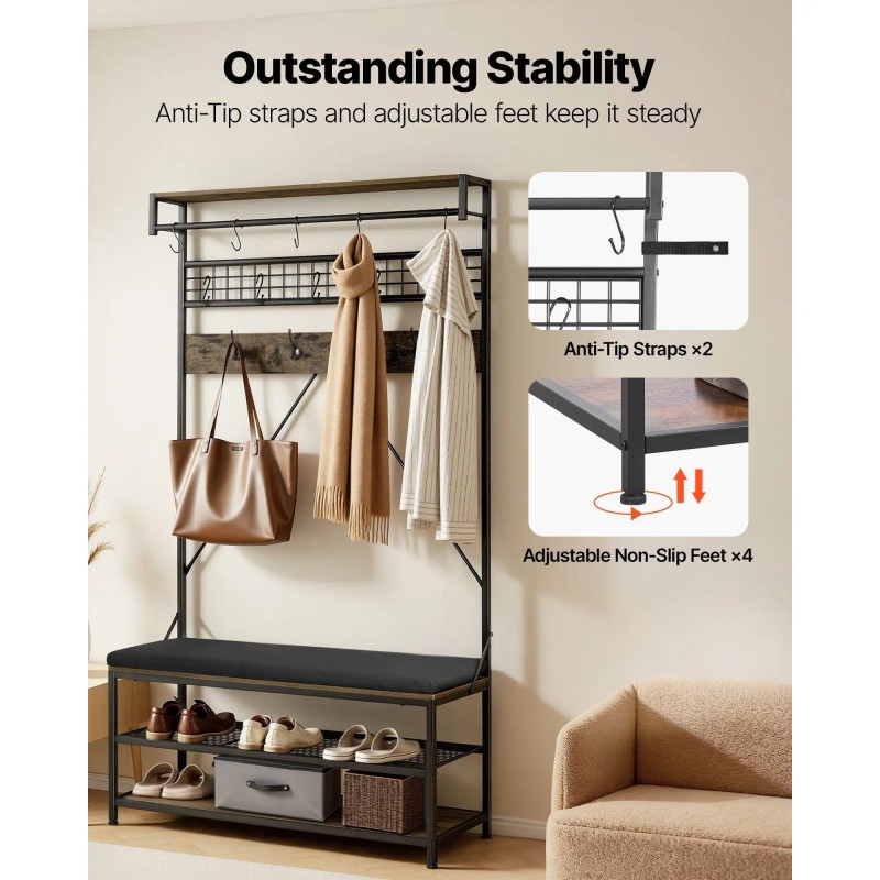 72 in Freestanding Coat Rack with Shoe Bench 2-Tier Storage