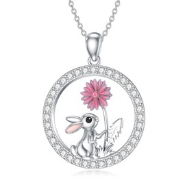 Bunny Necklaces for Women 925 Sterling Silver Rabbit Pendant Necklace with Daisy Cute Animal Jewelry Necklace for Birthday, Sterling Silver, Zircon