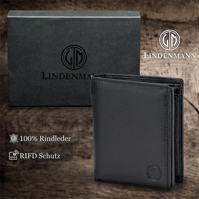 LINDENMANN Men's Wallet Leather Black, black