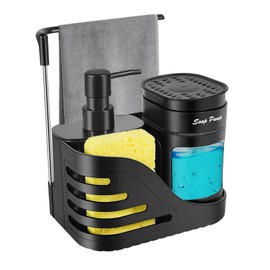 Dual Hand & Dish Soap Dispenser for Kitchen Sink, 4-in-1 Kitchen Sink Organizer with Sponge Holder, Dishcloth Rail, Removable Dish Soap Dispenser, Non-Slip Pads, Black