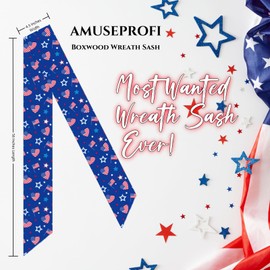 2Pcs Patriotic Wreath Sash for Front Door, Wreath Satin Sash for Embroidery Monogram, Red White and Blue sash, Boxwood Satin Wreath Sashes Accessories for 4th of July, Memorial Day Wreath Sash