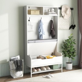 Tangkula 69 Inches Hall Tree, 4-in-1 Coat Rack with Bench and Shoe Storage, Seat Cushion, Open Compartments, Hooks, Lift-top Storage, Entryway Bench with Anti-toppling Devices (White)