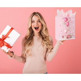 GFInYHM 13” Birthday Gift Bag with Handle and Tissue Paper, Gift Bag for Boys, Girls, Women and Men’s Birthday Party, Baby Shower, Christmas Party Supplies (Pink)
