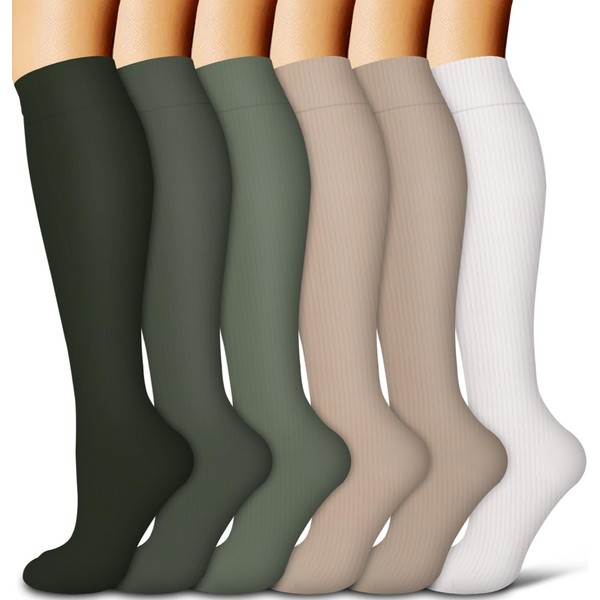 COOLOVER - Calcetines de compresión de cobre para mujeres y hombres (6 pares), el mejor apoyo para correr, atletismo, enfermería, viajes, 16 Green Series 6 Pairs, L-XL