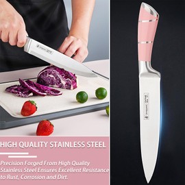Pink Kitchen Knife Set, 9-Pieces Sharp Non-Stick Coated Chef Knives Block Set,Stainless Steel Knife Set for Kitchen with Sharpener for Cutting Slicing Dicing Chopping (Pink)