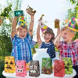 KEVRDRT Miner Video Game Party Bags, Miner Children's Birthday Party Favours, Pixel Party Bags Children with Bracelets, Key Chain, Gift Bags, Stickers, Gamer Theme Party Accessories, 98 Pieces