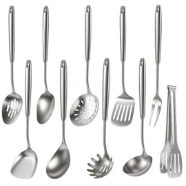 Newness 10 Pcs Cooking Utensils Set, 304 Stainless Steel Kitchen Utensils Set, Metal Kitchen Accessories, Include Soup Ladle, Slotted Skimmer Spoon, Spaghetti Spoon and Spatula, Tongs,Dishwasher Safe