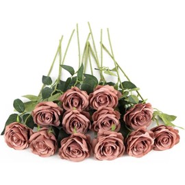 Laelfe 12 Pcs Dusty Pink Artificial Roses, 21in Realistic Single Long Stem Silk Dusty Pink Flowers Fake Rose Bridal Bouquet for Wedding Home Party Arrangment Hotel Garden Decoration (Dusty)