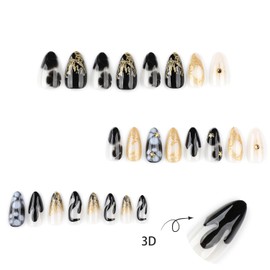 FIEONCIY Press on Almond Nails Medium Length Glossy Acrylic Almond Shaped False Nails with Designs Artificial Medium Fake Nails with Charms Glue Stick on Fingernails for Women Girls(JP3788)