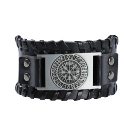 Viking Bracelet with Runic Compass for Men, Wide Leather Wristband Vikings Gear, Celtic Pagan Jewelry