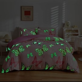Homewish Luminous Bed Linen, 135 x 200 cm, for Girls, Children's Room Decor, Butterfly Pattern, Glowing in Dark, Decorative Duvet Cover Set, Pillowcase, 80 x 80 cm