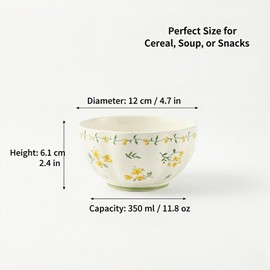 Seyont 4 Pack 11.8oz Cereal Bowls - 4.7 Inch Ceramic Bowls for Soup, Salad, Pasta, and Snacks - Yellow Floral Dinnerware Set - Dishwasher and Microwave Safe
