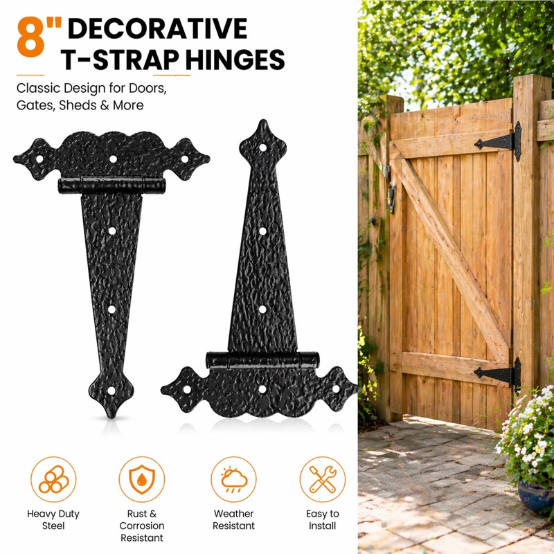 8 Inch Tee Hinges Heavy Duty, 2 Pack Black T-Strap