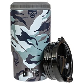 Brew House Chillers 4 in 1 Coolest & Hottest Drink Holder, Skull Camo - Gift box includes: a 14 oz double insulated steel tumbler, a rubber adaptor for cans and bottles, and a hot and cold drink lid.