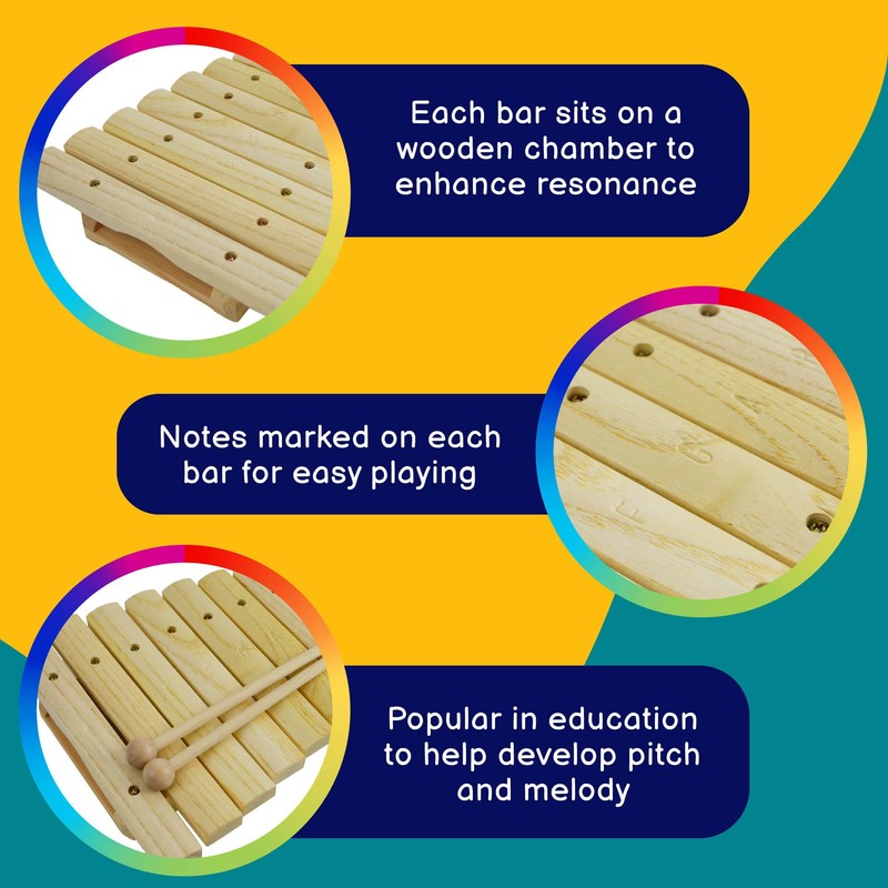 A-Star Wooden Xylophone, Children's Musical Instrument, 8 Notes with Pair