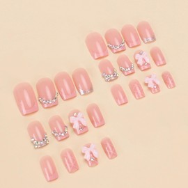 MERVF Square Press on Nails Medium Fake Nails Pink French Tip Glue on Nails 3D Charms Bow Press ons Rhinestones Design Squoval Cute Glitter Acrylic Nails Glossy 24pcs