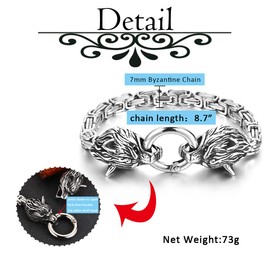 Zysta Men's Viking Bracelet Double Wolf Head Stainless Steel Byzantine Chain Bracelet Viking Gothic Biker Bangle for Men Dad, Stainless Steel