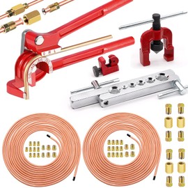 smseace 55Pack 3/16 Inch+1/4 Inch Brake line kit Include 25 FT Copper-Plated Brake Lines with Fitting(32pcs Fittings,4pcs Union+8pcs Nut) Brake line Bender,Single Flare Tool,Cutter Brake line kit