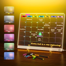 2025 Acrylic Desk Calendar with Light, 13.7"X10" LED Note Board with 6-Color Neon Glow Memo Monthly Planning Dry Erase Board for/Room/Office/Wall with Stand, 7 Markers, White