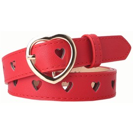 B-HOT Womens Retro Adjustable Heart Hole Belt Ladies Skinny PU Leather Waist Belts with Heart Buckle for Dress Red