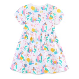 Hongshilian Toddler Girls Cotton Casual Dress Cartoon Print Short Sleeve Dress Girls Summer Sundress(7T,White&Mermaid)