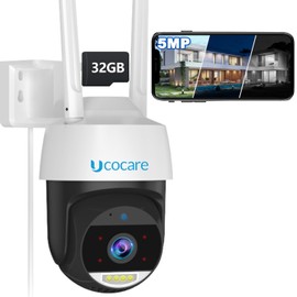 UCOCARE 2.5K 5MP WiFi Security Camera Outdoor with 32GB Memory Card, 360° CCTV Camera Outdoor, Auto Tracking, 24/7 Recording, Smart Motion Detection, Color Night, Siren, 2-Way Talk, IP67