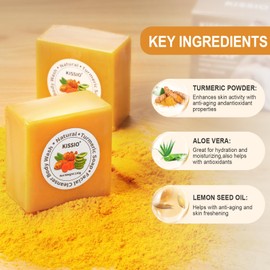 KISSIO Turmeric Soap Bar,Face & Body Cleanser,Blemish Control,Ginger and Lemon Soap,Smooth Skin,Natural Soap with Turmeric,Aloe Vera and Shea Butter,Handmade Soap,3.88 oz