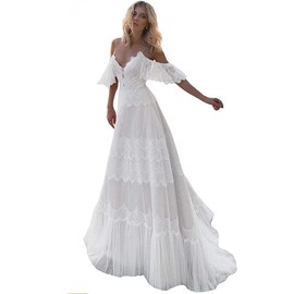 Sorayan Women's Wedding Dresses Chic Lace Evening Dresses V Neck Ruffle Sleeves Beachy Boho Outdoorsy Wedding Gowns(White,L)
