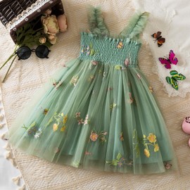 Nileafes Baby Girl Fairy Tutu Princess Dress Strap Tulle Butterfly Flower Embroidery Casual Dresses Size 5Y (4-5 Years, 150-Green)