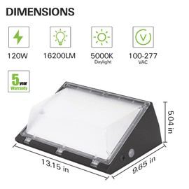 hykolity 120W LED Wall Pack Light with Dusk-to-Dawn Sensor,16200lm 5000K Daylight Commercial Security Lighting,750W MH Equivalent, 100-277V, Waterproof LED Outdoor Wall Mount Light for Warehouses