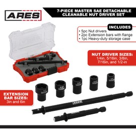 ARES 27086 – Nut Driver Set – SAE Magnetic 7-Piece – Detachable and Cleanable – Radial 6 Point Drive Sockets Load on Flats - Removable Socket Ends for Easy Cleaning – Heavy Duty CR-V Steel